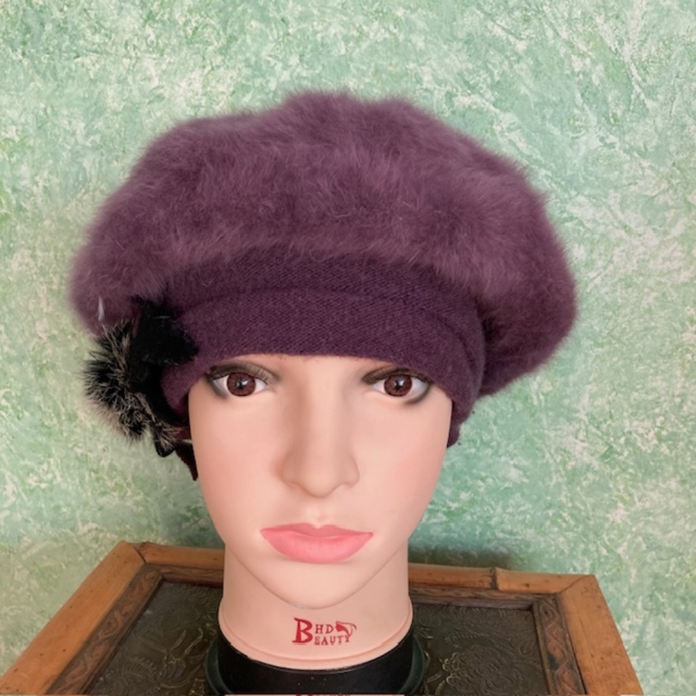ANGORA and wool purple woman’s beret, lined, one size fits most, fur pompom acce